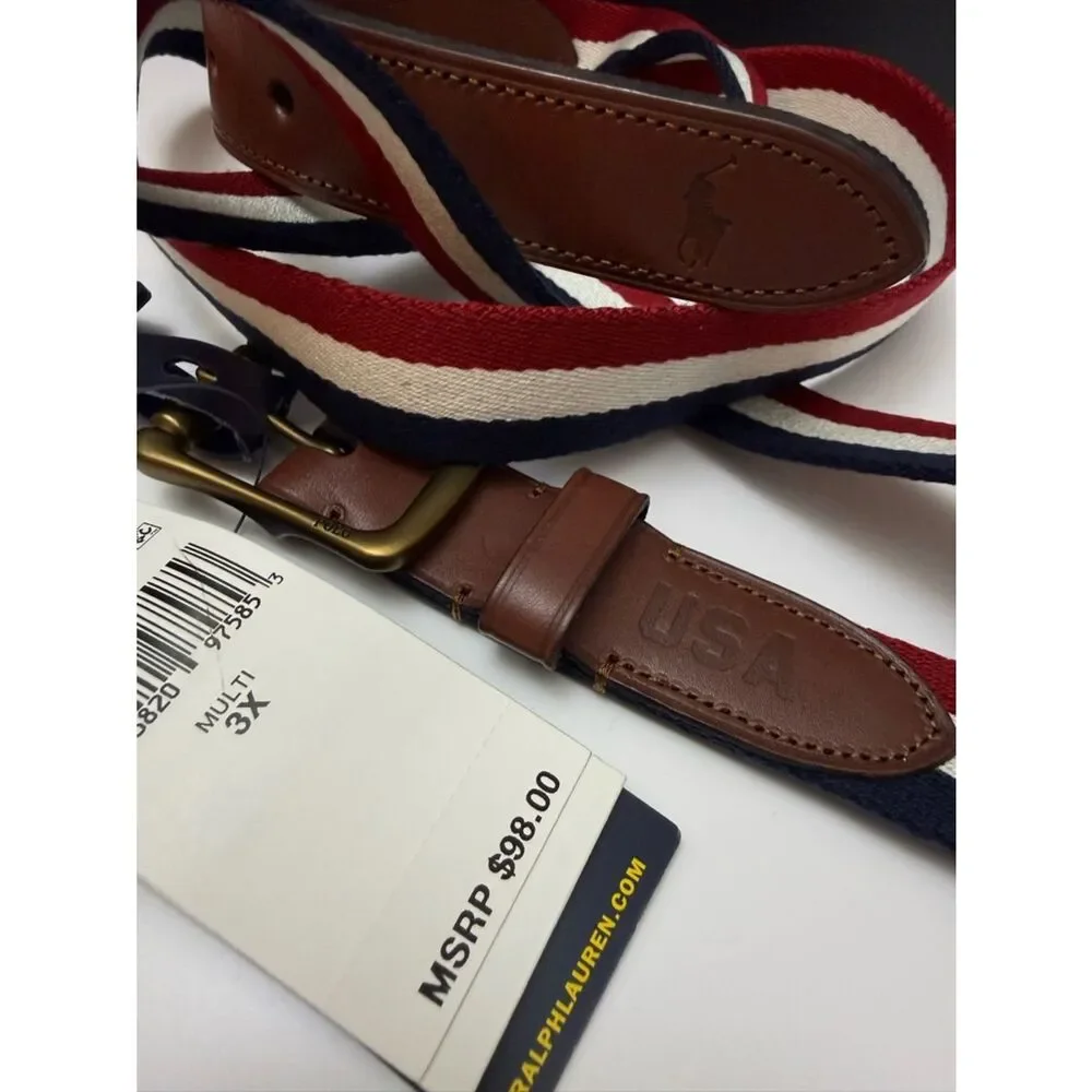 Polo Ralph Lauren Men’s 3X Striped Belt Leather Trim Golf Preppy XXL